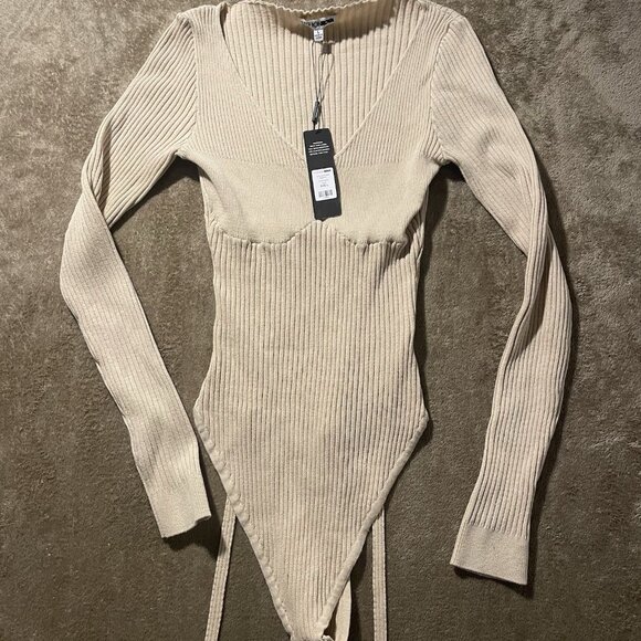 NWT Fashion Nova Bodysuit Womens Sz Large Ribbed Corinna Beige Tan Knit Long Slv - Picture 2 of 9